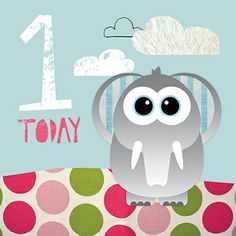 a birthday card with an owl sitting on top of a polka dot pillow and clouds in the background