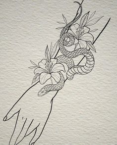 a black and white drawing of a snake on a branch with flowers in it's claws