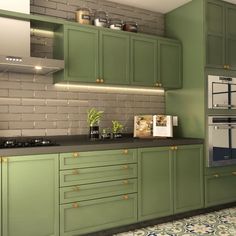 a kitchen with green cabinets and an oven in the center, next to a tiled floor