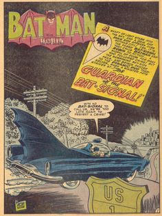 an old comic book cover with batman flying over the car and bat signal on it