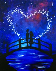 a painting of two people standing on a bridge looking at the stars in the sky