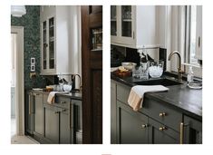 two pictures of a kitchen with black counter tops and white cabinets, one showing the sink