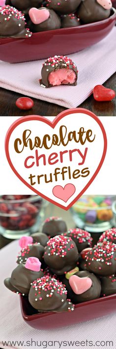 chocolate cherry truffles with pink and white sprinkles in a heart shaped tray