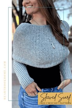 a woman wearing a sweater with the text, slouch scarf free crochet pattern