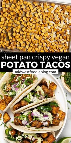 sheet pan crispy vegan potato tacos with avocado