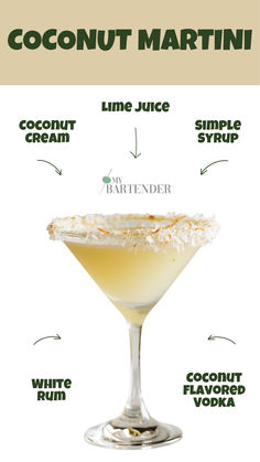 Coconut Martini Coconut Flavor Pairing, Coconut Vodka Cocktails, Martini Variations, Mixed Drinks Alcohol Recipes, Coconut Cocktails, Coconut Martini, Alcohol Ideas, Coconut Vodka, Flavor Pairing