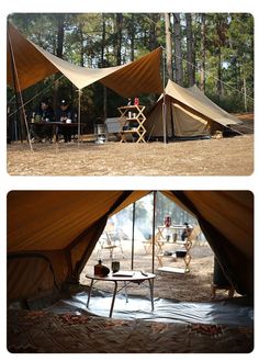 there are two tents in the woods with people sitting at tables