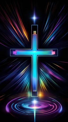 the cross is surrounded by colorful lines and circles on a black background with bright lights