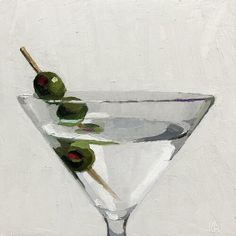 an oil painting of a martini glass with olives