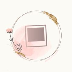 a white circle with a pink flower on it and a gold frame in the middle