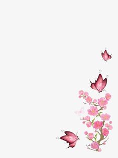 pink flowers and butterflies flying in the air