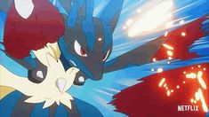 two pokemons are facing each other in front of a blue background with red and white lights