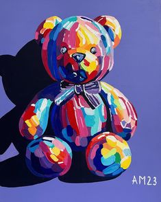 a painting of a colorful teddy bear on a purple background