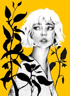 a black and white drawing of a woman's face surrounded by leaves on a yellow background