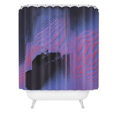 a shower curtain with an abstract design on the front and back side, in purple and blue