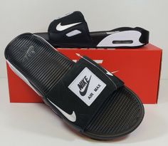 Nike Black Sport Sandals For Streetwear, Cheap Synthetic Slides For Men, Breathable Black Slides For Streetwear, Black Nike Slides With Branded Insole, Black Non-slip Flip Flops For Streetwear, Black And White Sandals, White Sandals, Comfy Shoes, Nike Air Max 90