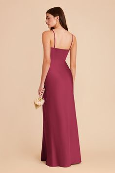 the back of a woman wearing a long, spaghetti - neck bridesmaid dress