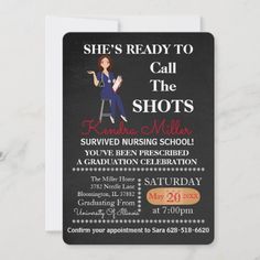 a blackboard graduation party card with a woman holding a book and the words, she's ready to call the shots