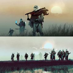 star wars characters standing in front of the sun, and behind them are two different scenes