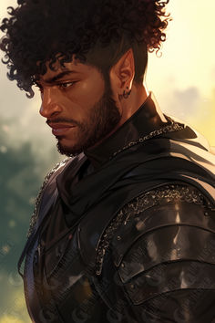 an image of a man with curly hair wearing armor and looking to his left side