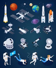 an image of various space related objects in flat 3d design style on dark blue background