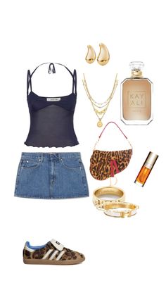 a woman's outfit and accessories including shoes, necklaces, bracelets, purse