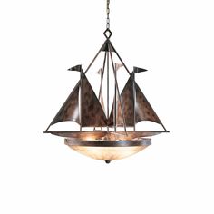 a chandelier hanging from the ceiling with an old fashioned sailboat on it