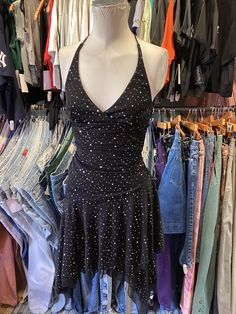 ♥ D E S C R I P T I O N ♥ Vintage y2k City Triangles Asymmetric Hankercheif Clubbing Drop Waist Halter Dress with sequin details. Has built in padding. Minimal signs of wear, great condition. Made in the USA. 100% Polyester  Dry clean only  ♥ S I Z E & M E A S U R E M E N T S ♥ Measurements taken across while garment laying flat and unstretched. Double measurement to get the all around. Bust: 13.5 in Waist: 10 in Hips: 14 in Length: 27 in labeled as a size S fits like a small ♥ Authenticity Guarantee ♥ All items sold in our shop are 100% guaranteed authentic vintage or your money back. Y2k City, Drop Waist, Dress Clothes For Women, Vintage Y2k, Halloween Shopping, Halter Dress, Favorite Outfit, Art Collection, Dress Outfits