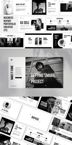 a bunch of different types of webpages on a white surface with black and white images