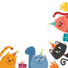 three cats with birthday hats and gifts