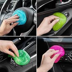 four pictures showing how to clean the inside of a car's steering wheel and air freshener