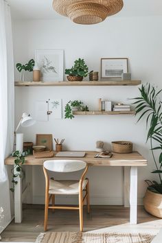 a home office with shelves and plants on the wall, along with a wooden desk