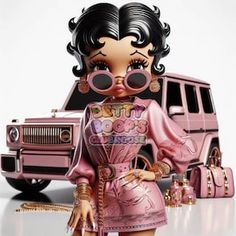 a doll is standing next to a pink car and purses in front of it