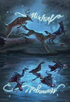 two deer jumping over water with the words muskel on it's back