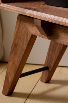 a close up of a wooden bench on the floor