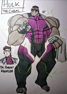 a drawing of a man in purple and black