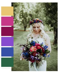 a woman holding a flower bouquet in front of a color palette with the words jewel tones