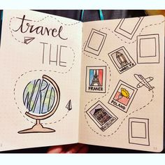 an open travel book with stamps and pictures on the pages that read, travel the world