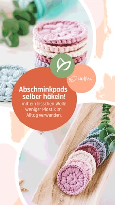 an advertisement with different crocheted items on the front and back cover, including two circular