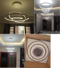 four different pictures of the inside of a house with various lighting fixtures and decorations in it