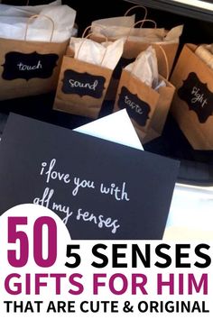 some brown paper bags with black writing on them and the words 50 sense gifts for him that are cute & original