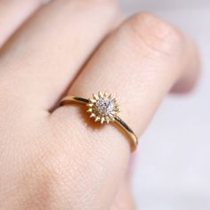 14K Solid Gold Sunflower Diamond Ring Made to Order.  * Metal: 925 Sterling Sliver Custom Color: Gold Vermeil in 18K Rose Gold/ 18K Yellow Gold, Sterling Silver Side Stone: Cubic Zirconia, Round No. of Stone: 9 pcs * Metal: 14K Gold Custom Colors: Rose Gold, Yellow Gold, White Gold  Side Stone: Natural Diamond, Round  No. of Stone: 9 pcs, Est. 0.047 ct.  Sunflower Size: 8*8mm/ 0.31*0.31 in Ready to Ship in 25 - 30 Business Days. ---------------------------------------- Matching Jewelry: Sun Flow Sun Minimalist, Matching Jewelry, Engraved Jewelry, Mothers Day Gifts, Flower Jewelry, Lovely Jewellery, Color Ring, Gold Diamond Rings, Flower Ring