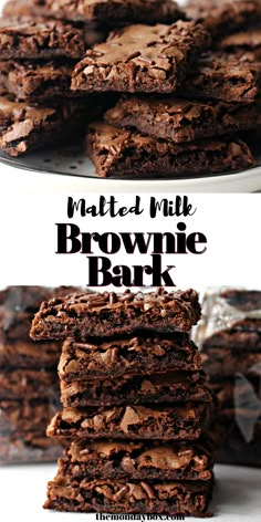 Collage with top image of thin, dark chocolate brown rectangles of brownie bark piled on a plate and the bottom image of a stack of brownie bark squares showing the thin edge. Brownie Bark Recipe, Crunchy Brownies, Brownie Crisps, Brownie Bark, Brownie Brittle Recipe, Fudgy Cookies, Brownie Brittle, Malted Milk Balls, Resepi Biskut