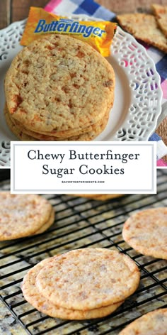 chewy butterfingerer sugar cookies on a cooling rack with the title above it