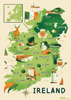 an illustrated map of ireland with all the major cities and towns in green, orange and white