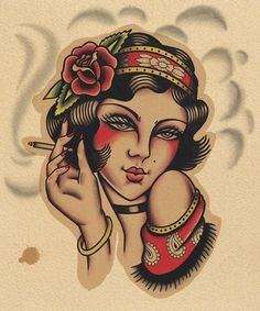 Trad Lady Head Tattoo, Trad Skull Tattoo Design, Trad Lady Head, New School Pinup, Traditional Portrait, Traditional Ideas, Traditional Tattoo Flash Art, Neo Tattoo