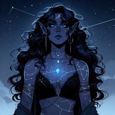 a woman with long black hair and stars on her face is standing in front of the sky