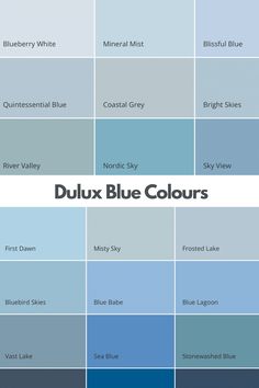 several shades of blue are shown with the words duluxx blue colours in them