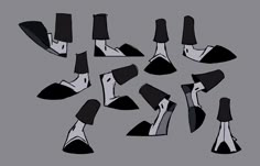 the different types of shoes are shown in black and white, including high heeled heels