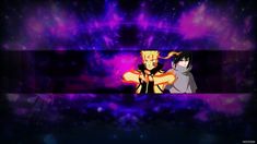 two anime characters standing in front of a purple and black background with stars on it